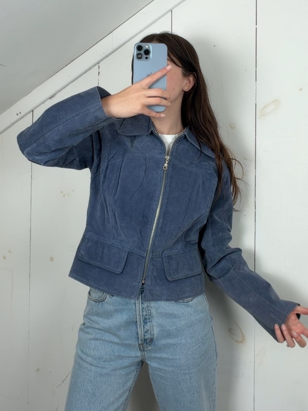 Vintage Karin‎ Morgan Blue Suede Leather Jacket Women’s Large Zip Up Lightweight